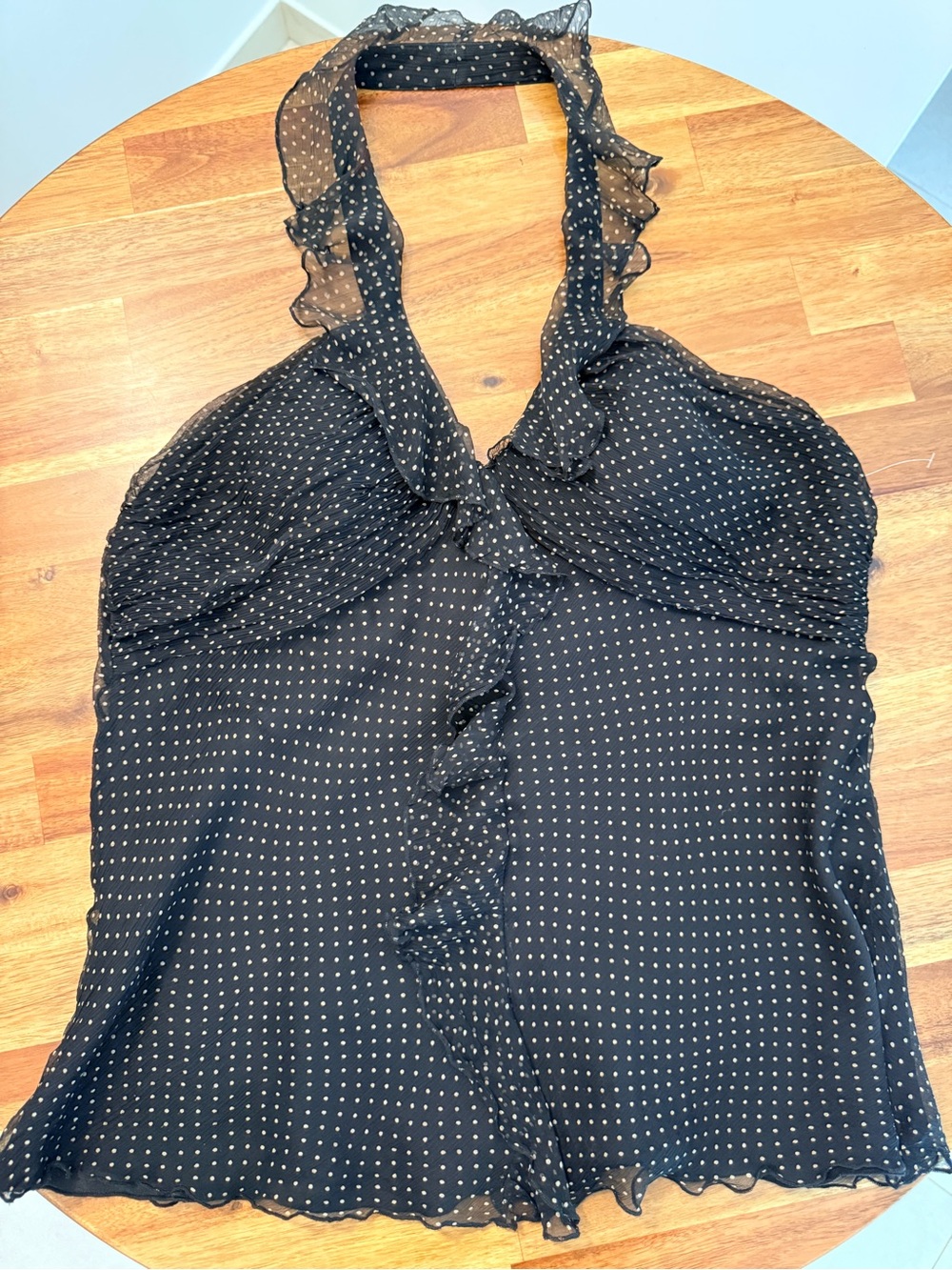 Black Silk Polka Dot Ruffle Halter Camisole
